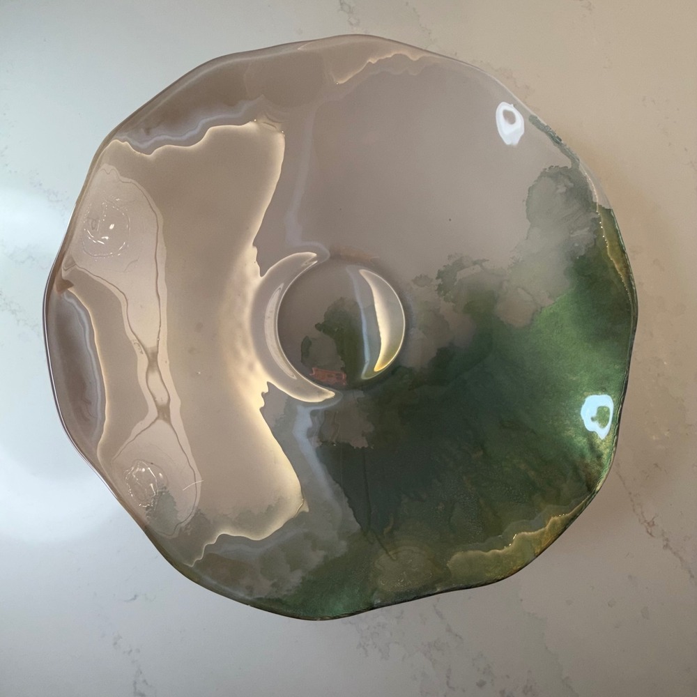 Decorative 13 Inch Glass Bowl Green Beige Wavy Edge Art Plate Excellent Cond - Picture 7 of 9